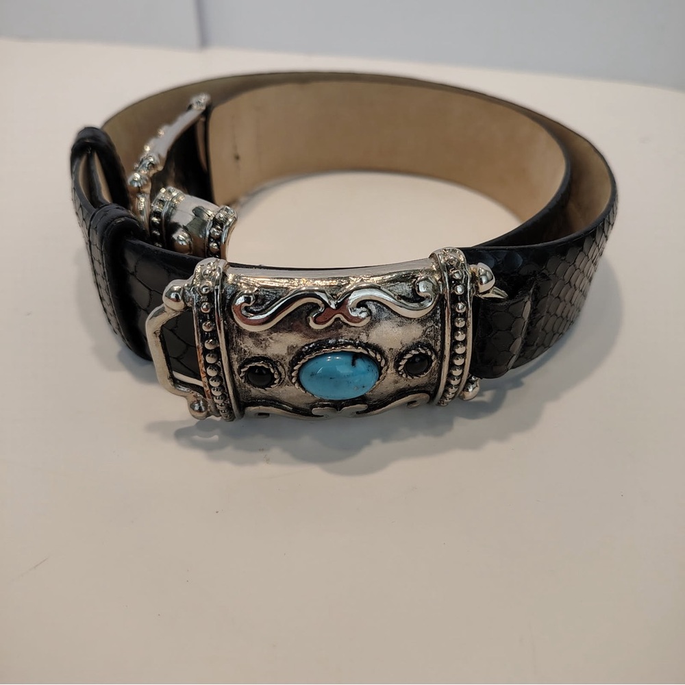 WCM New York ITALIAN Leather Luxury Black Belt Turquoise Western Women M - Picture 2 of 15